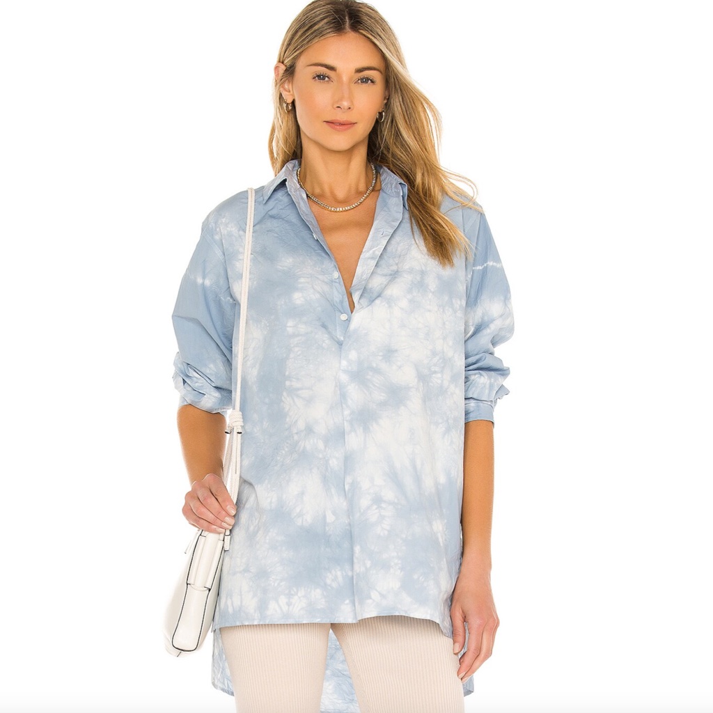 Nili Lotan Ambrose Blue Tie-Dye Cotton Tunic Shirt, Medium Made In Usa Lagenlook